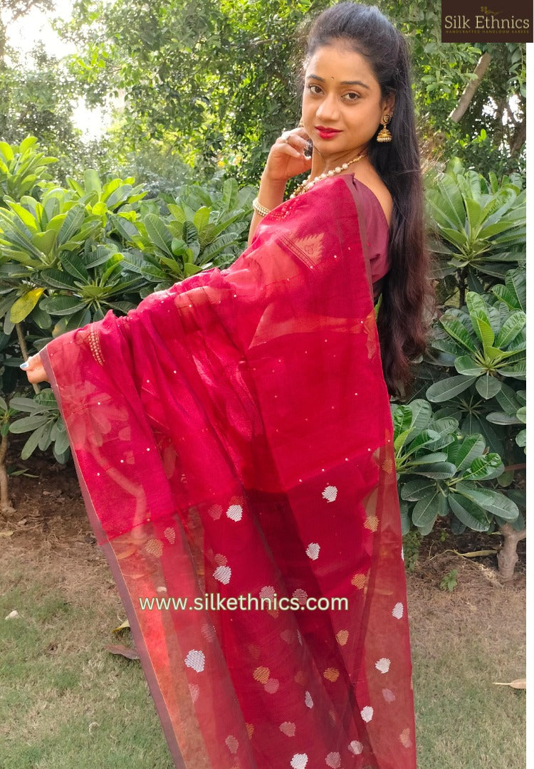 Handwoven scarlet red linen resham saree