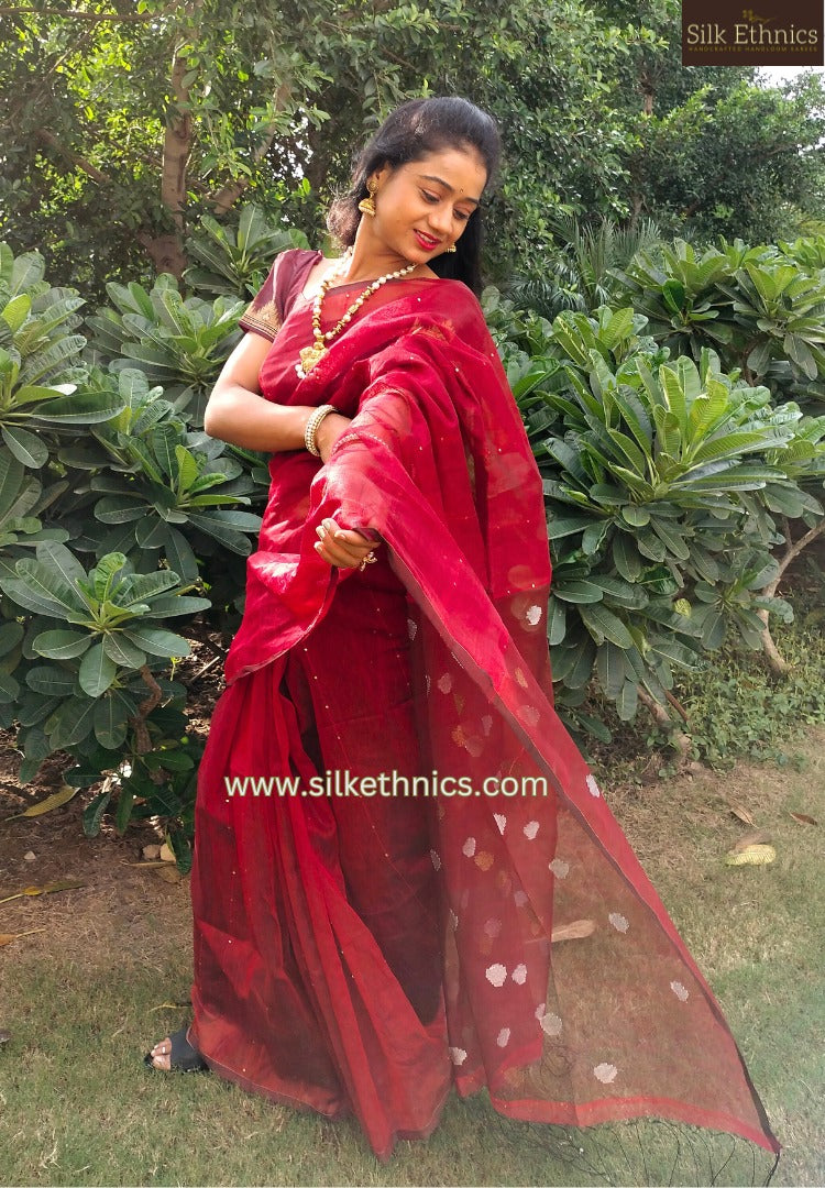 Handwoven scarlet red linen resham saree