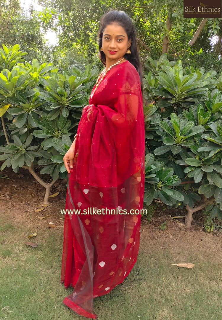 Handwoven scarlet red linen resham saree