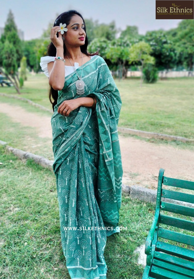 Pine green blockprinted cotton saree