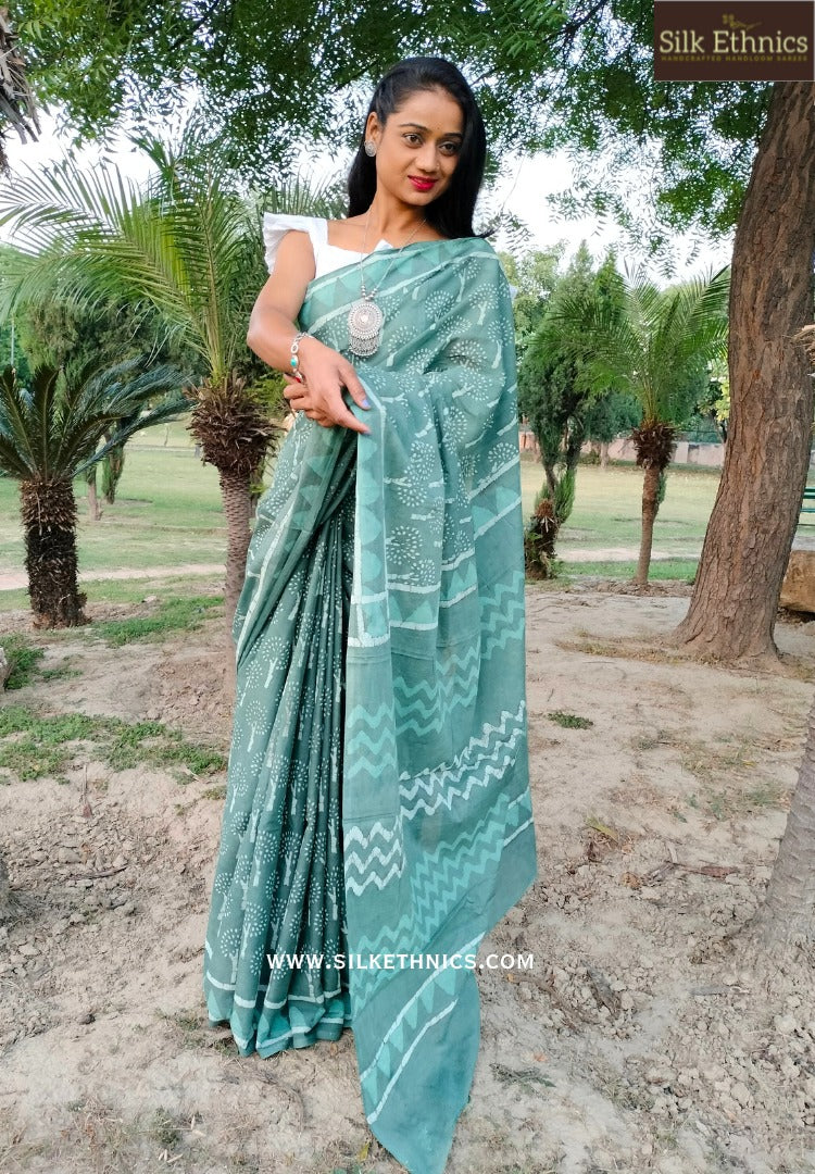 Pine green blockprinted cotton saree