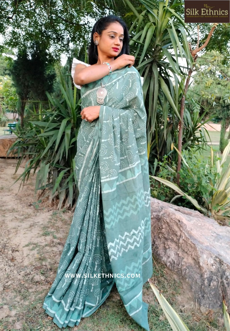 Pine green blockprinted cotton saree