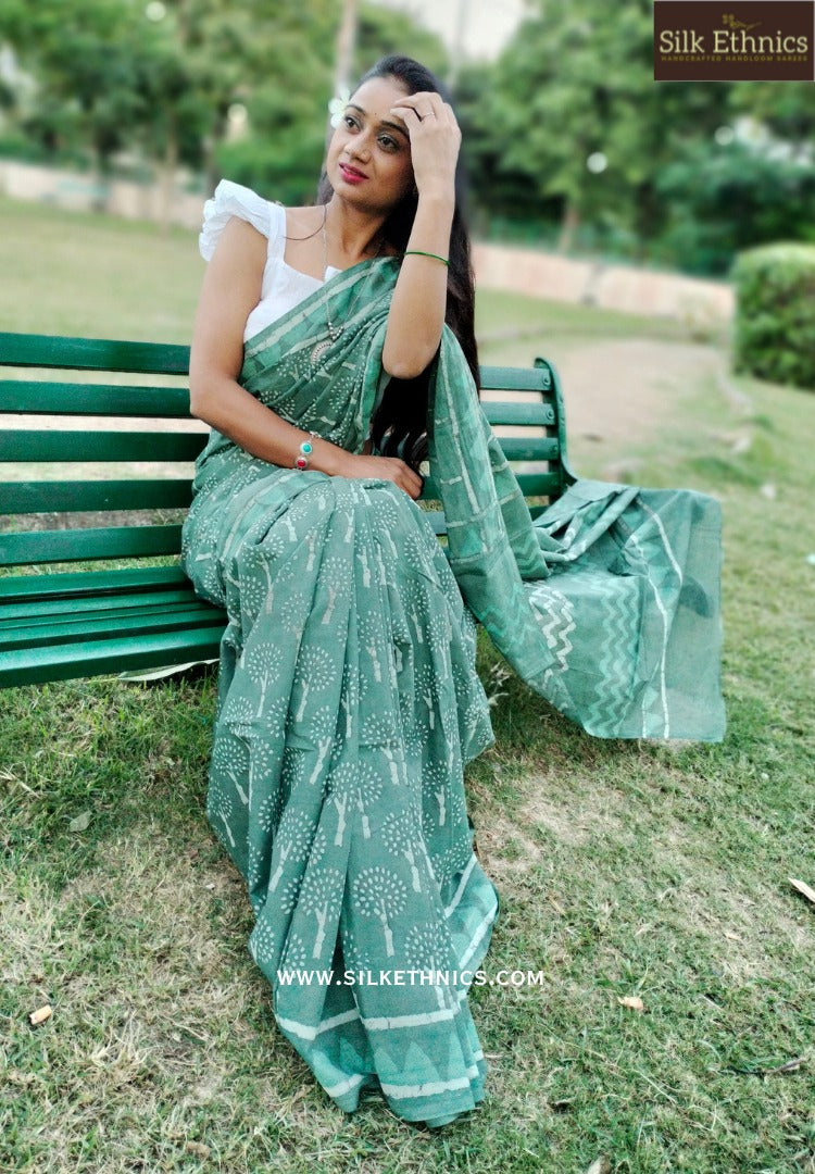 Pine green blockprinted cotton saree