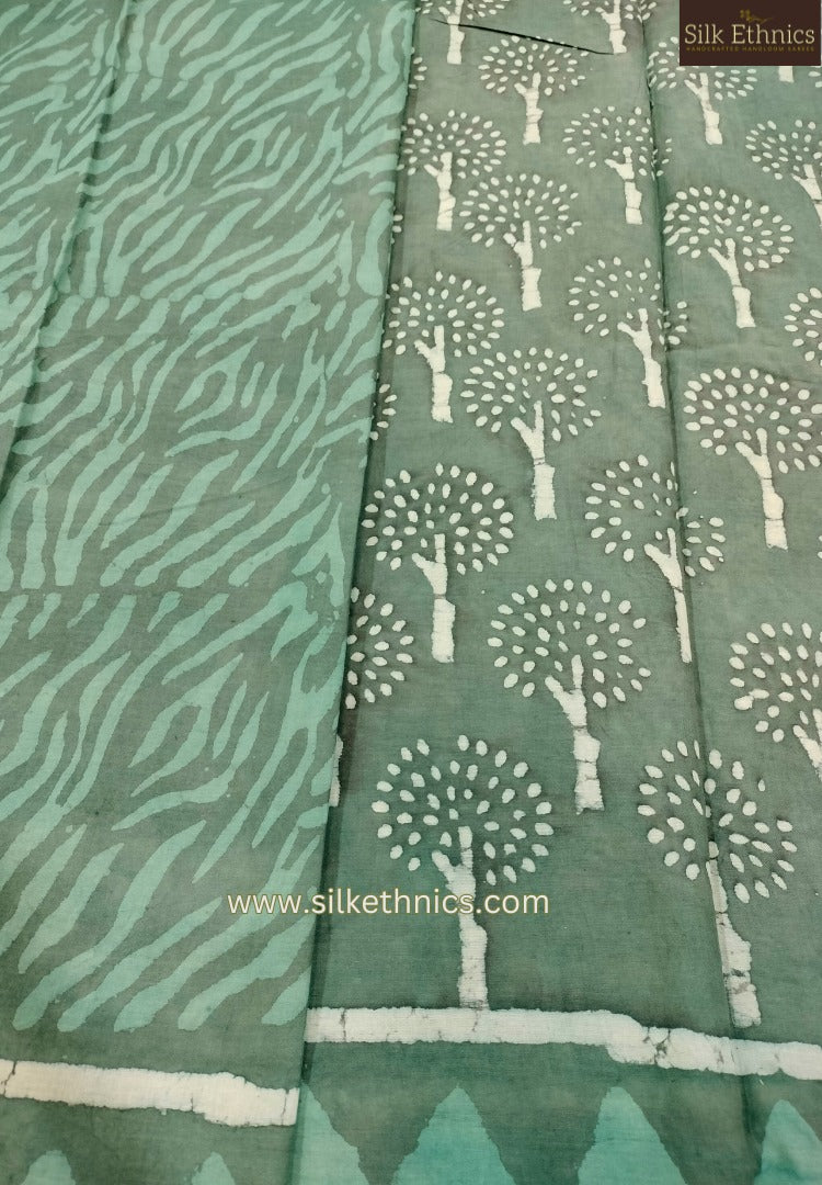 Pine green blockprinted cotton saree