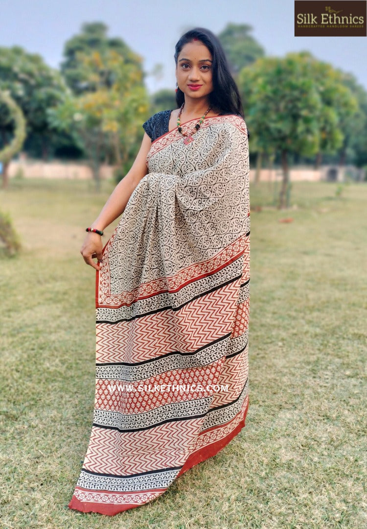 Ivory and Red mul cotton saree