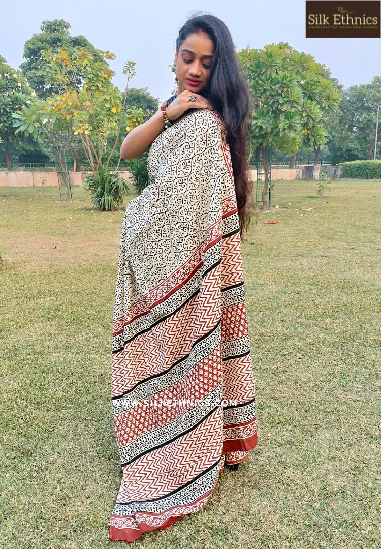 Ivory and Red mul cotton saree