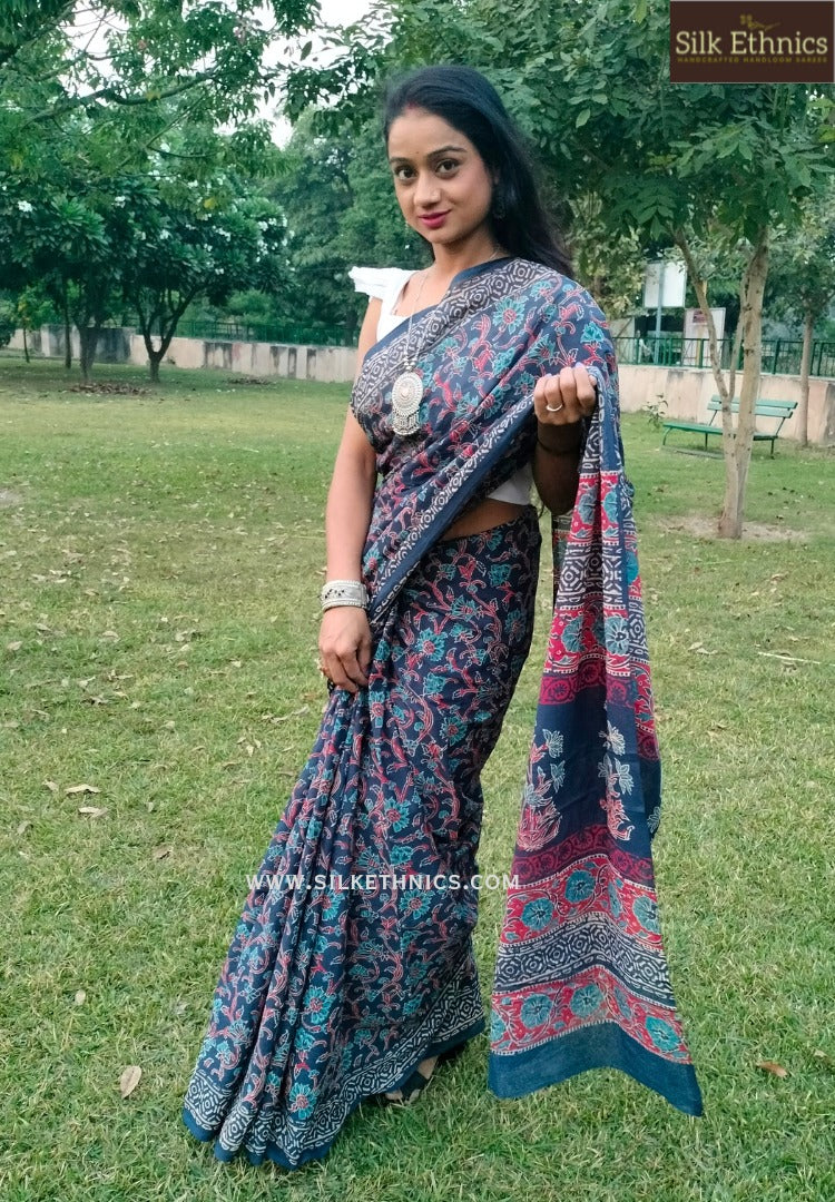 Indigo blue blockprinted mulcotton saree