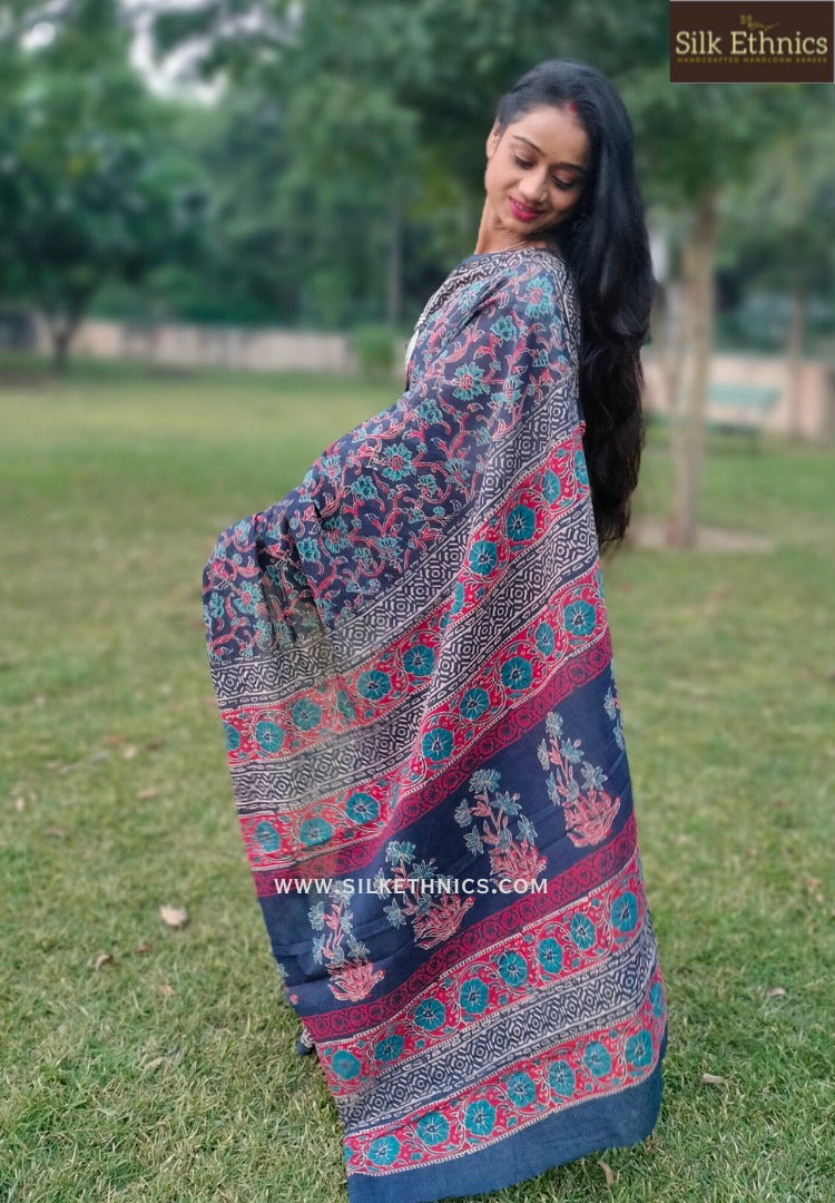 Indigo blue blockprinted mulcotton saree