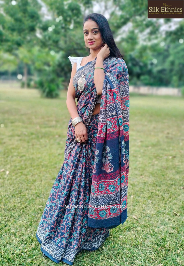 Indigo blue blockprinted mulcotton saree