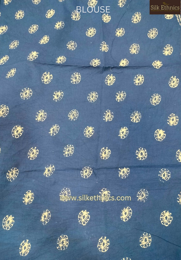 Indigo blue blockprinted mulcotton saree