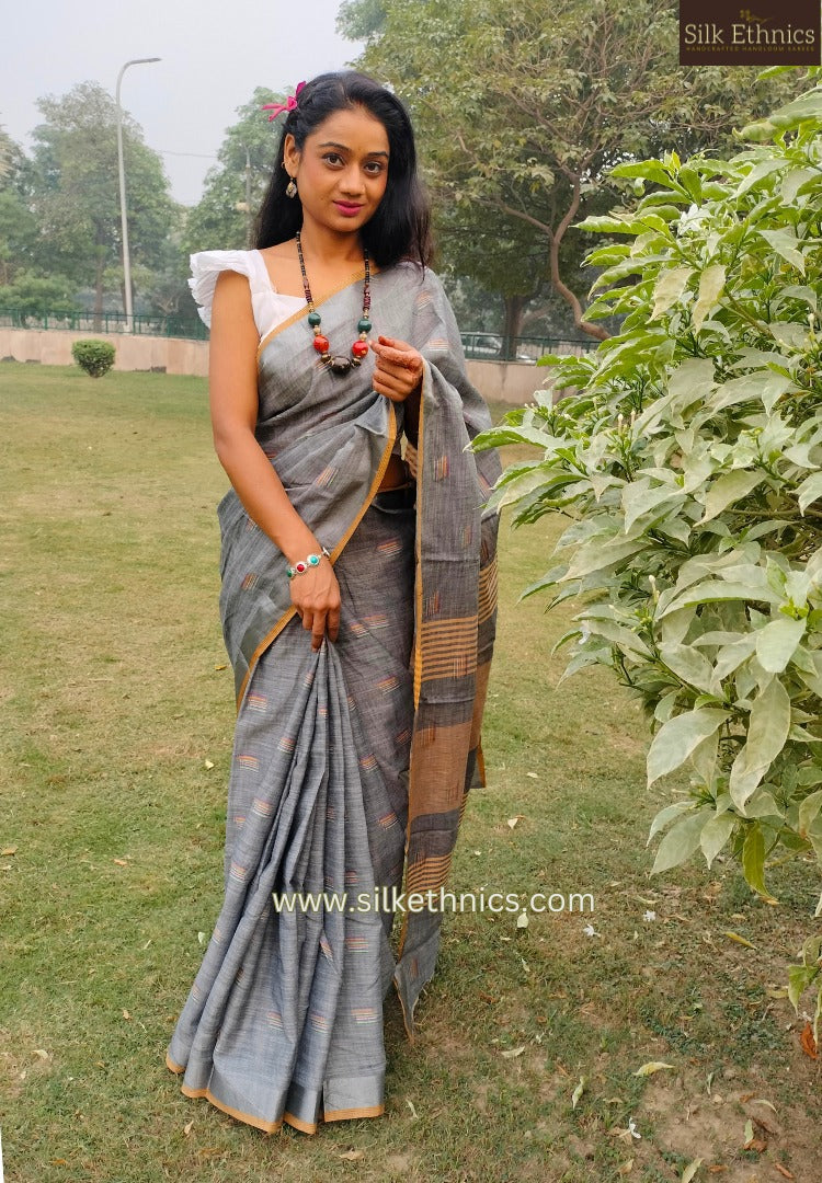 Pearl grey slub linen saree