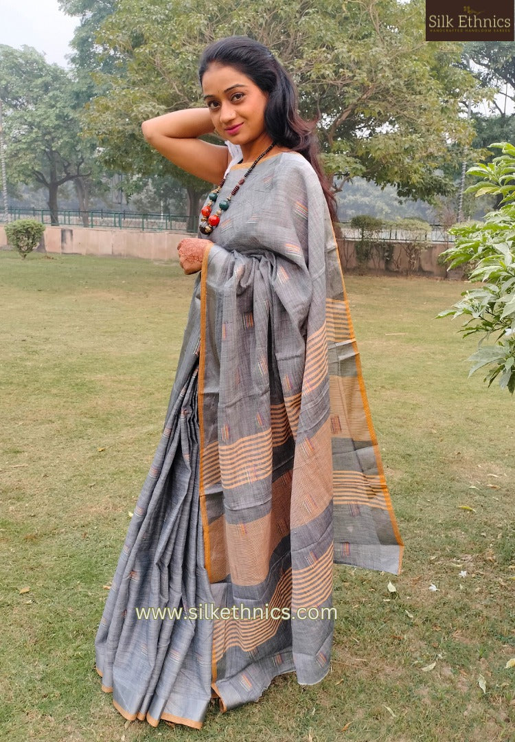 Pearl grey slub linen saree