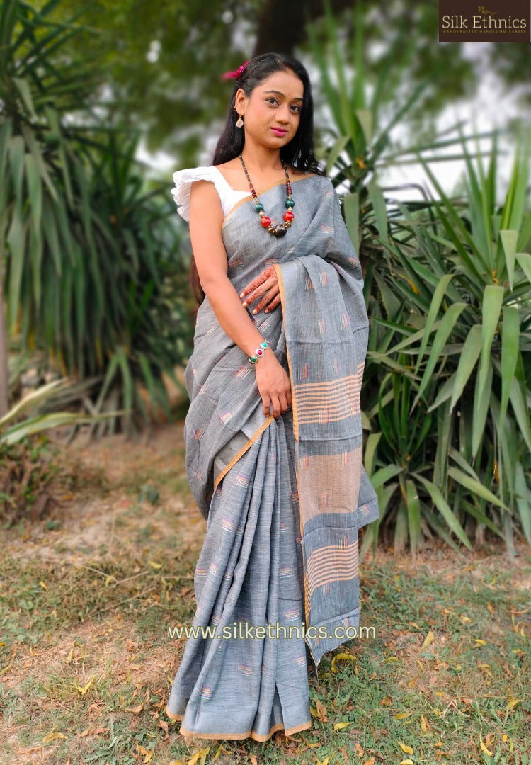 Pearl grey slub linen saree