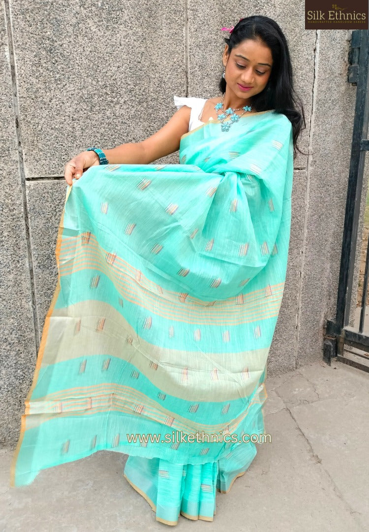 Turqoise green slub linen saree