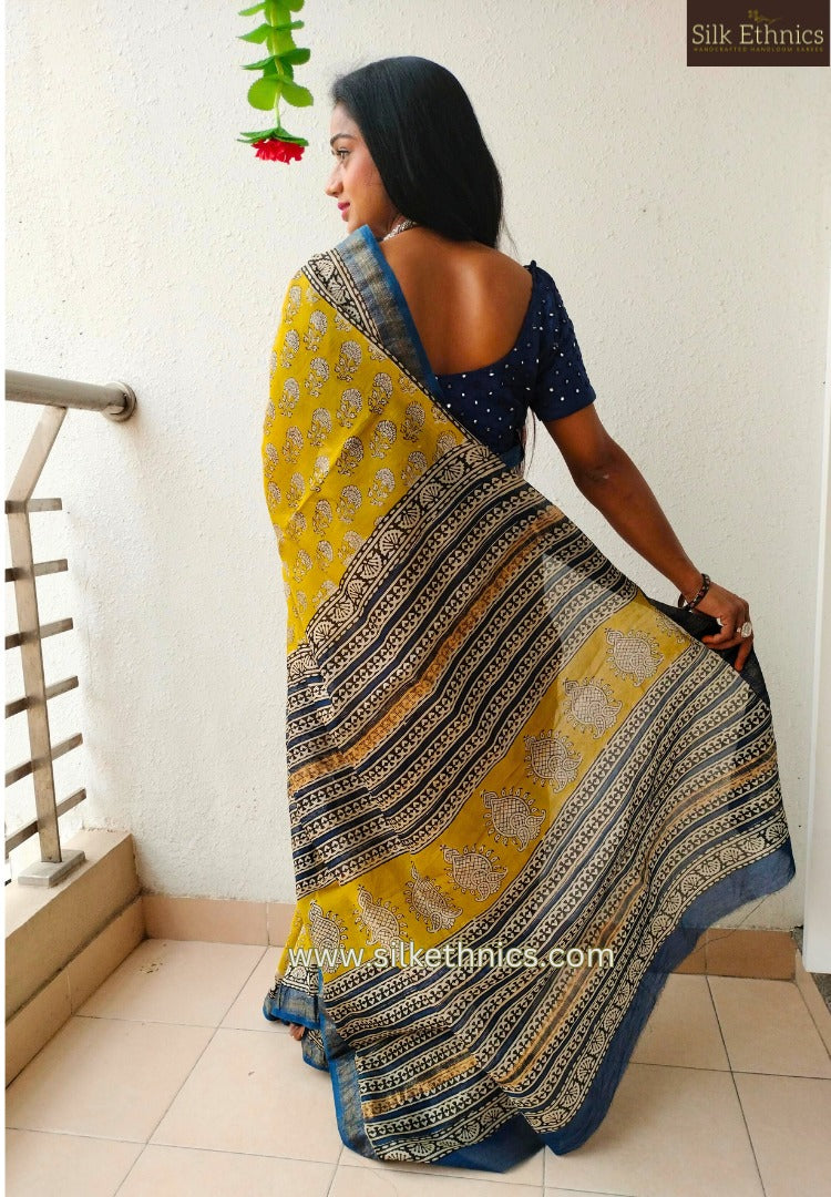 Sunshine yellow Maheswari silk saree