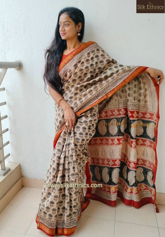 Beige and red Maheswari silk saree