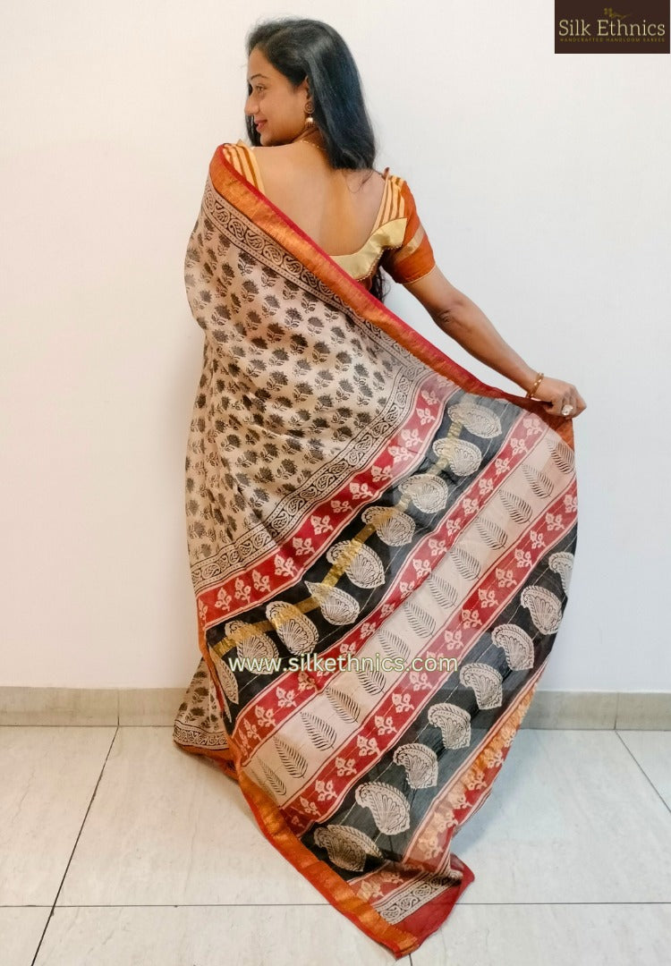 Beige and red Maheswari silk saree