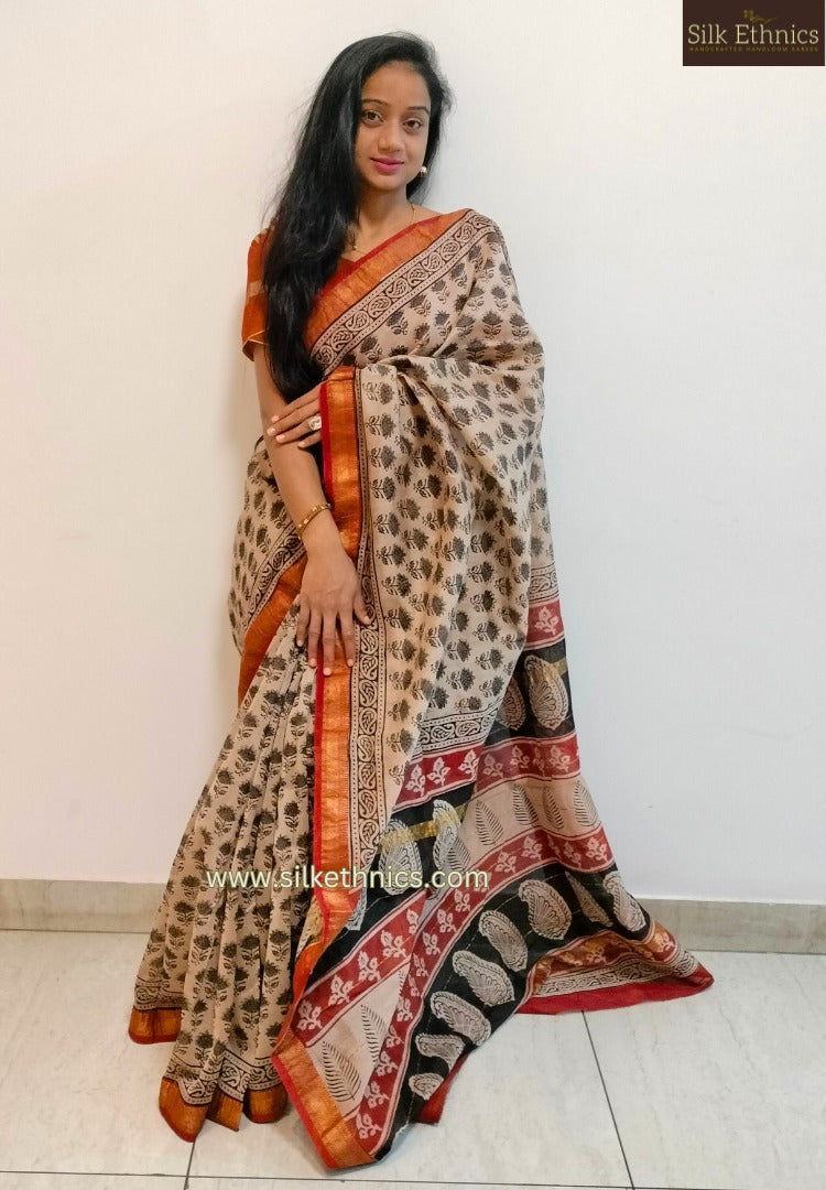 Beige and red Maheswari silk saree