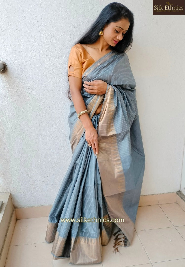 Silver and gold raw silk saree