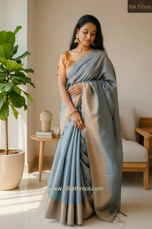 Silver and gold raw silk saree
