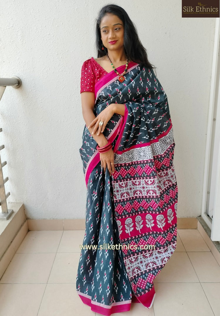 Blue & pink blockprinted mulcotton saree