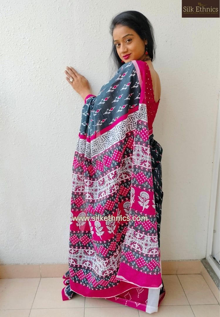 Blue & pink blockprinted mulcotton saree