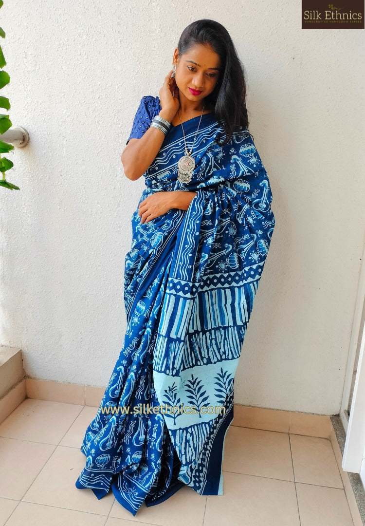 Vibrant Blue blockprinted mulcotton saree