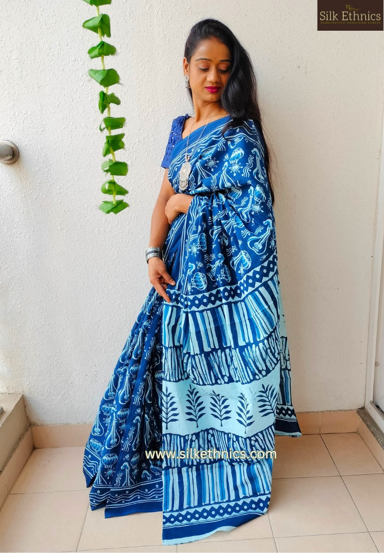 Vibrant Blue blockprinted mulcotton saree