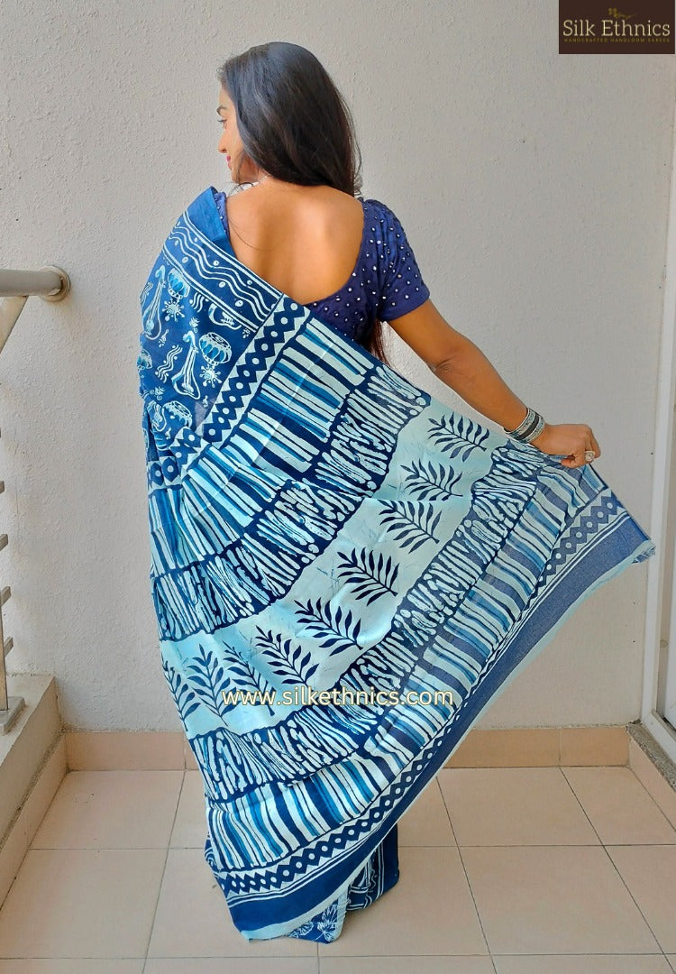 Vibrant Blue blockprinted mulcotton saree