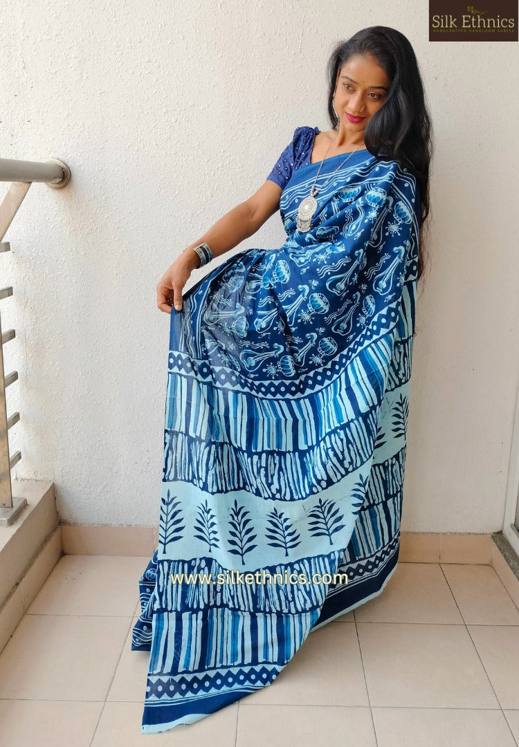 Vibrant Blue blockprinted mulcotton saree