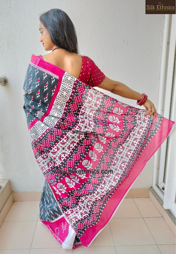 Blue & pink blockprinted mulcotton saree