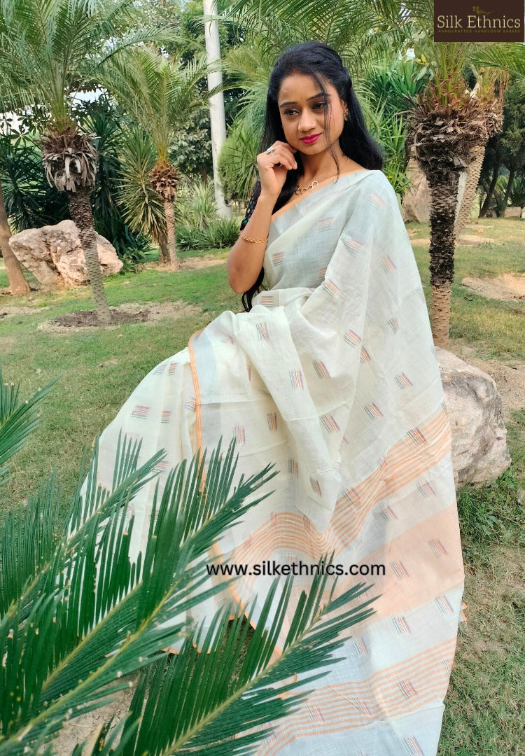 Off-white handloom slub linen saree