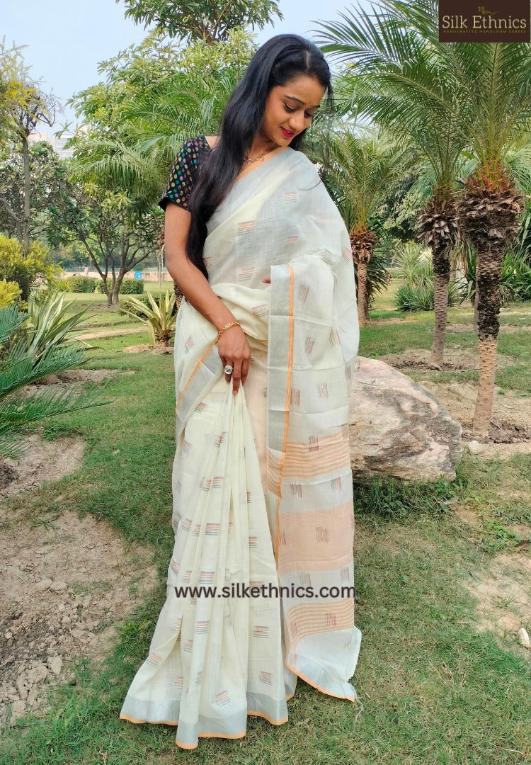 Off-white handloom slub linen saree