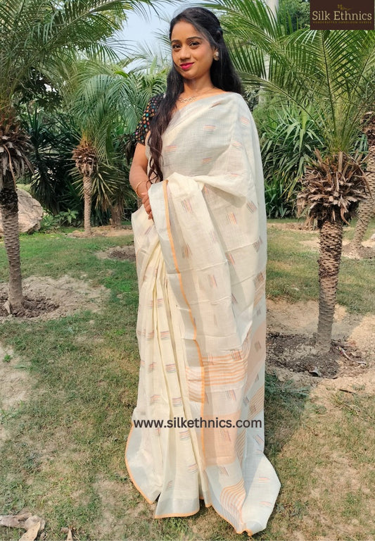 Off-white handloom slub linen saree