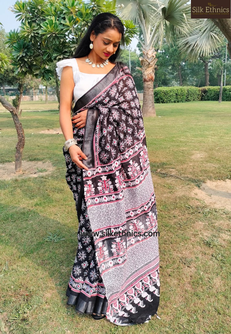 Black and white floral printed Linen saree