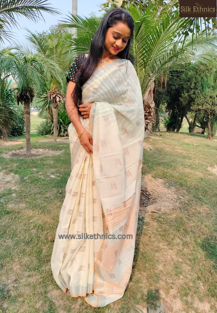 Off-white handloom slub linen saree