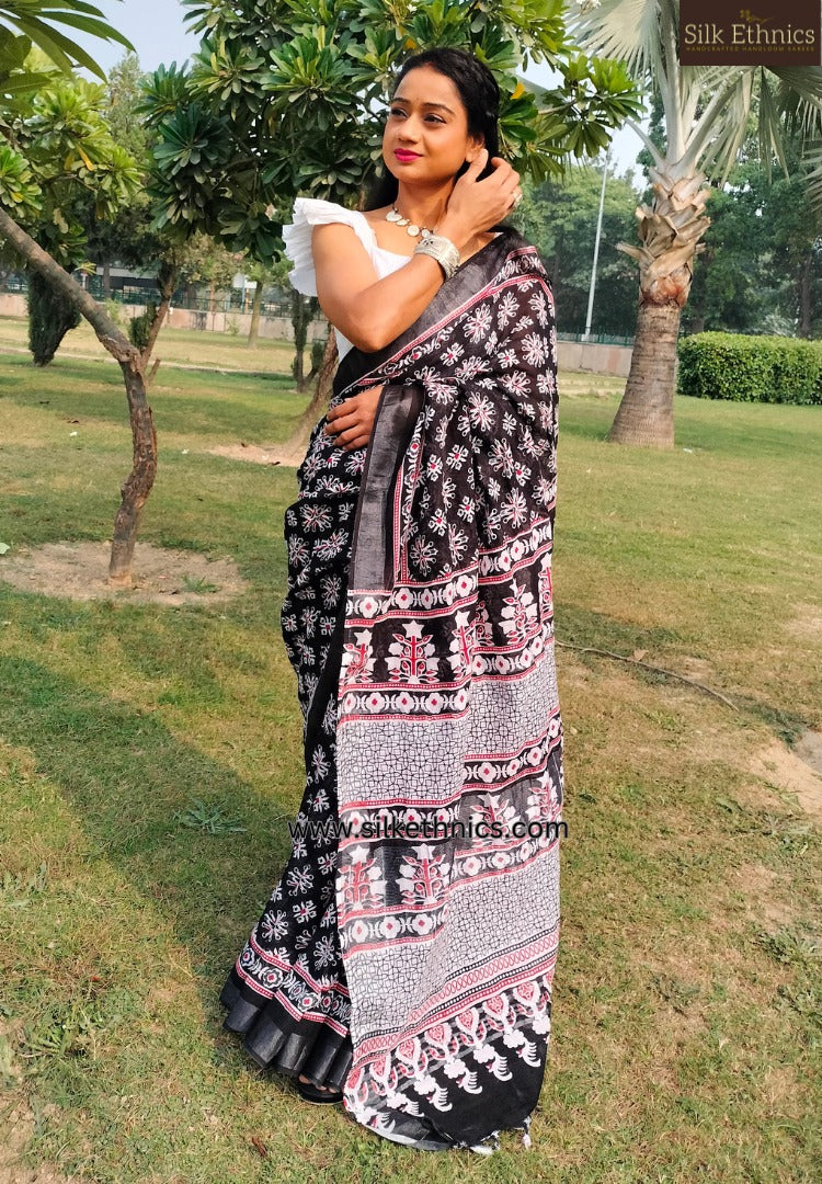 Black and white floral printed Linen saree