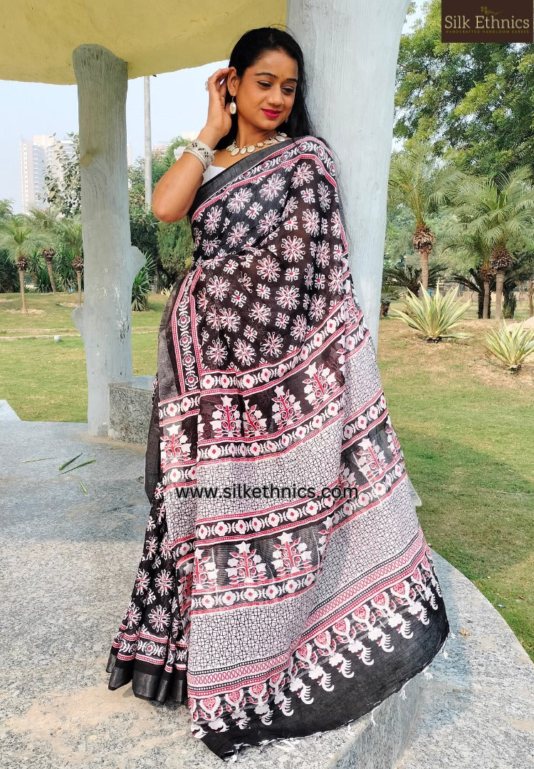 Black and white floral printed Linen saree