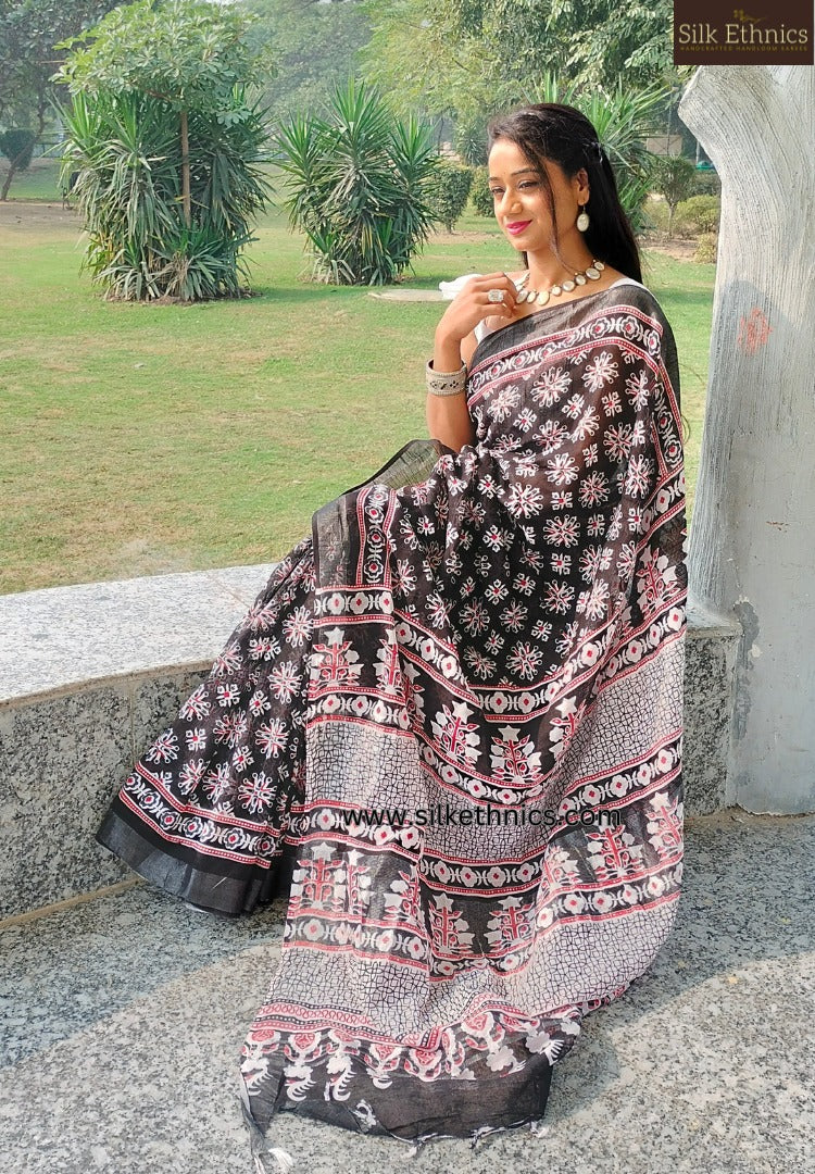 Black and white floral printed Linen saree