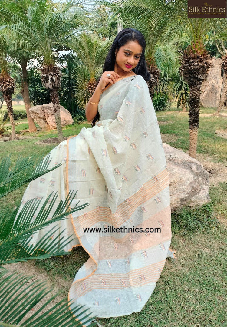 Off-white handloom slub linen saree