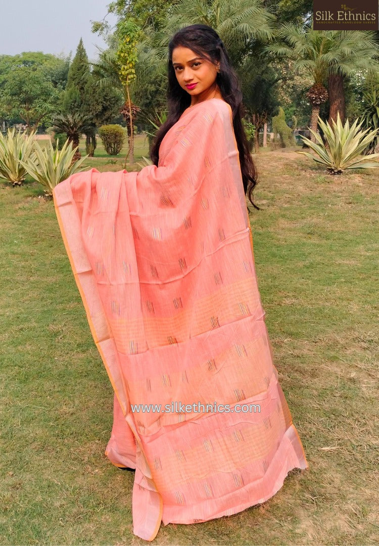 Pastel peach slub linen saree