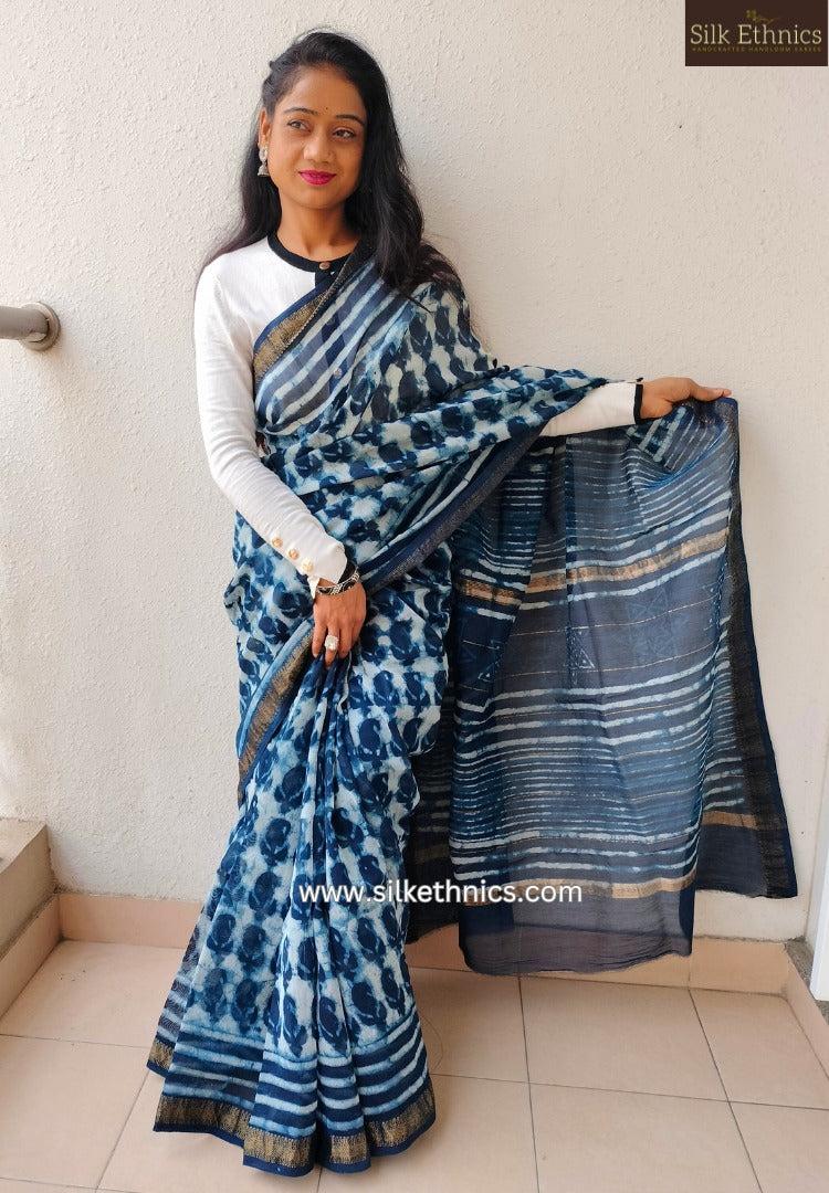 Bagru printed Maheswari silk saree