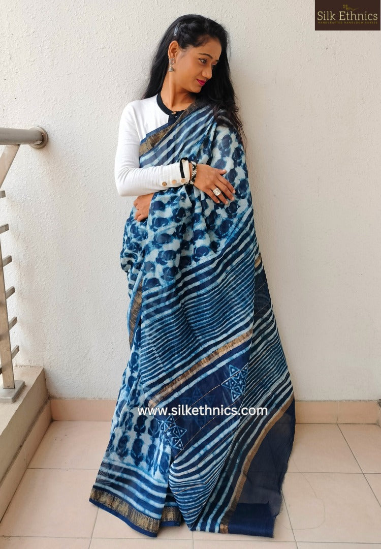 Bagru printed Maheswari silk saree