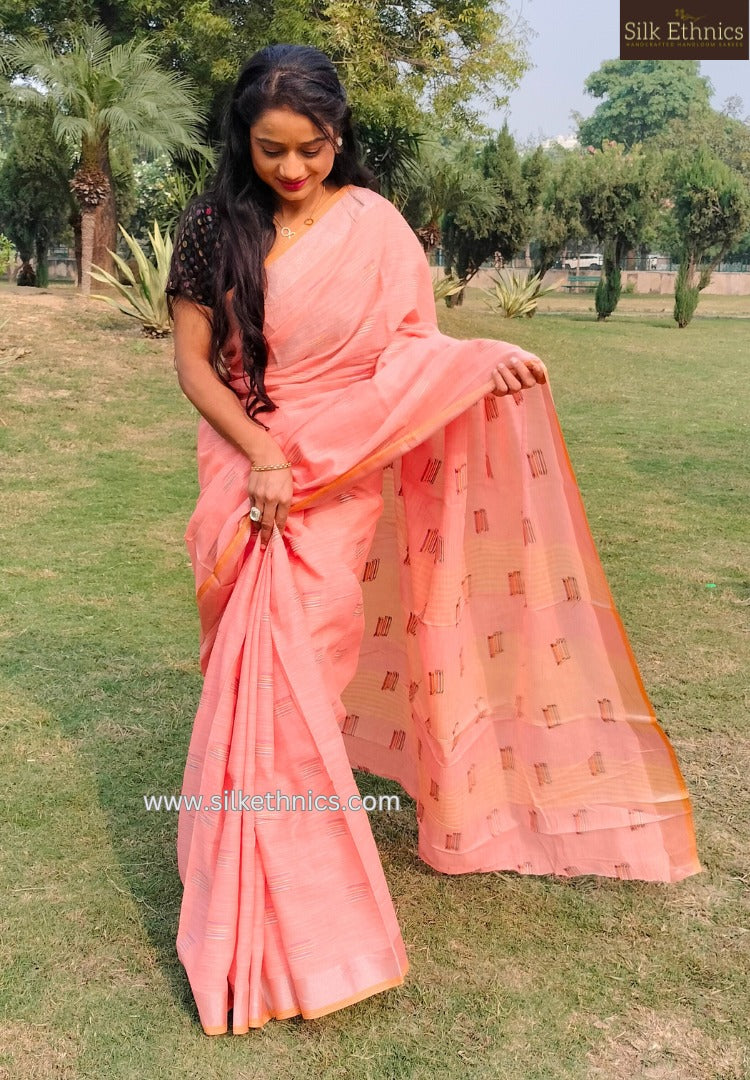 Pastel peach slub linen saree