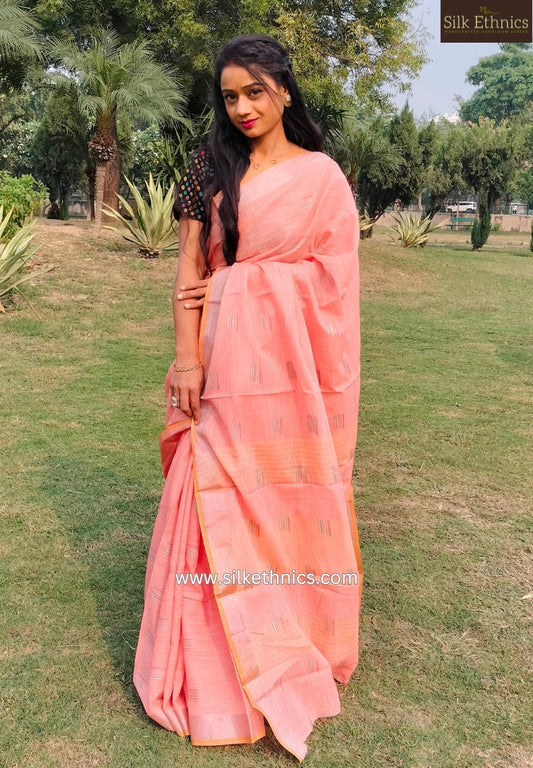 Pastel peach slub linen saree