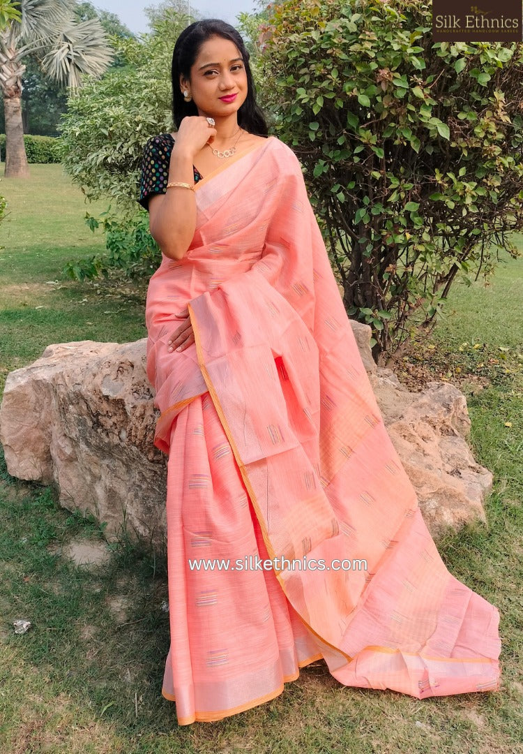 Pastel peach slub linen saree