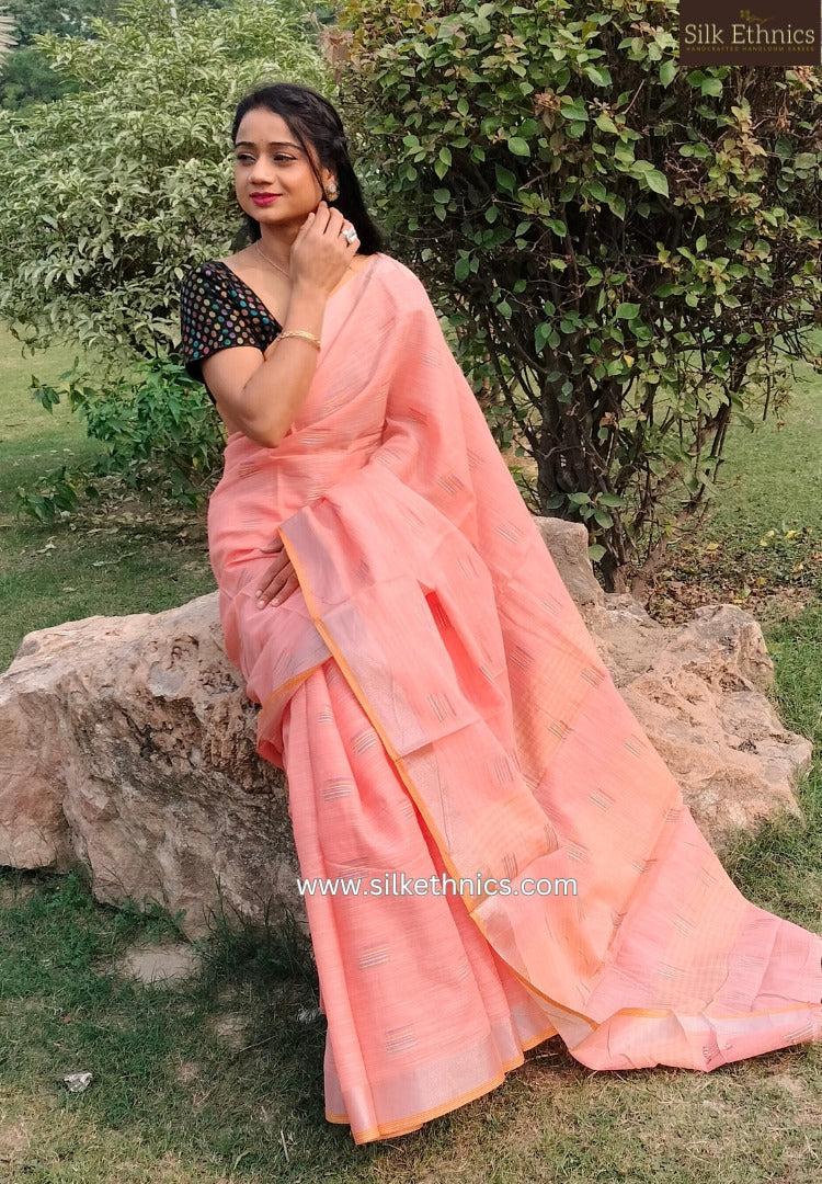 Pastel peach slub linen saree