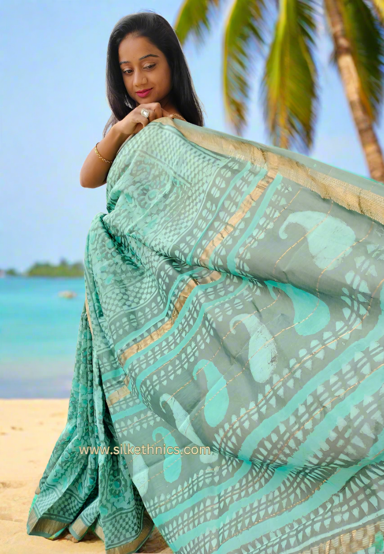 Aqua green Maheswari silk saree