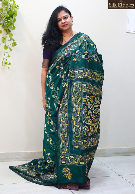 Dualtone Green kantha work saree