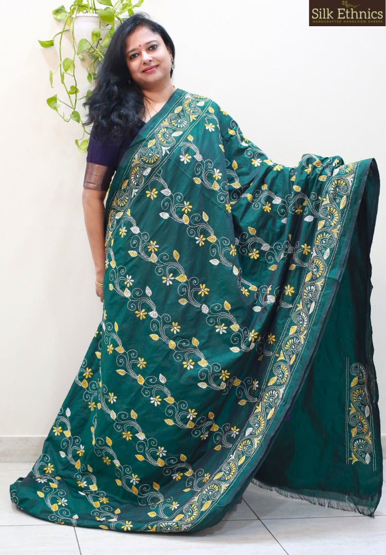 Dualtone Green kantha work saree